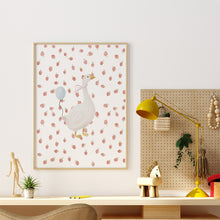 Load image into Gallery viewer, Watercolor whimsical silly goose with strawberry art print 07-276