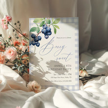Load image into Gallery viewer, 0326 Blueberry Berry Sweet 8th birthday invite, blue gingham invitation, digital download, editable template