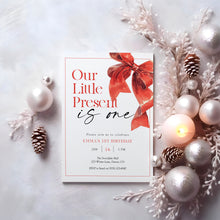 Load image into Gallery viewer, 0319 Christmas Present 1st Birthday Invitation, Red Bow Holiday Winter Birthday Party Invite