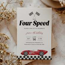 Load image into Gallery viewer, Red Four Speed Race Car 4th Birthday Invitation Editable Template 0330