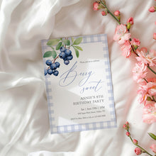 Load image into Gallery viewer, 0326 Blueberry Berry Sweet 8th birthday invite, blue gingham invitation, digital download, editable template