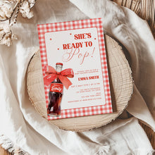 Load image into Gallery viewer, She Is Ready to Pop Baby Shower Invitation Red Soda Pop Gingham Bow Template 2039