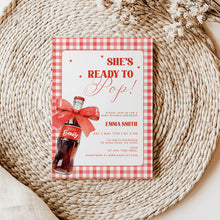 Load image into Gallery viewer, She Is Ready to Pop Baby Shower Invitation Red Soda Pop Gingham Bow Template 2039