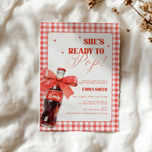 Load image into Gallery viewer, She Is Ready to Pop Baby Shower Invitation Red Soda Pop Gingham Bow Template 2039
