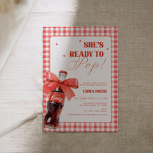 Load image into Gallery viewer, She Is Ready to Pop Baby Shower Invitation Red Soda Pop Gingham Bow Template 2039