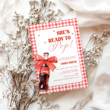 Load image into Gallery viewer, She Is Ready to Pop Baby Shower Invitation Red Soda Pop Gingham Bow Template 2039