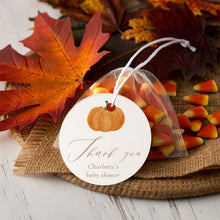 Load image into Gallery viewer, Autumn Pumpkin Baby Shower Favor Tag Set, Editable Orange Gingham Gift Tag Template, Digital Download 2028