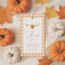 Load image into Gallery viewer, Autumn Pumpkin Baby Shower Favor Tag Set, Editable Orange Gingham Gift Tag Template, Digital Download 2028