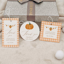 Load image into Gallery viewer, Autumn Pumpkin Baby Shower Favor Tag Set, Editable Orange Gingham Gift Tag Template, Digital Download 2028