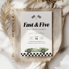Load image into Gallery viewer, Fast and Five Race Car 5th Birthday Invitation Sage Green Editable Template 0330