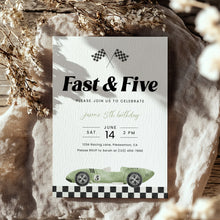 Load image into Gallery viewer, Fast and Five Race Car 5th Birthday Invitation Sage Green Editable Template 0330