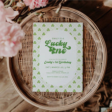 Load image into Gallery viewer, 0804 Lucky One Birthday Invitation, St. Patrick's Shamrock First Birthday Invite, Digital Download