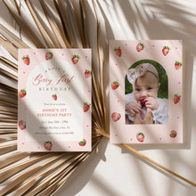 Load image into Gallery viewer, 0326 Pink Strawberry Berry 1st Birthday Photo Invite, Editable Template, Digital Download