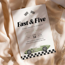 Load image into Gallery viewer, Fast and Five Race Car 5th Birthday Invitation Sage Green Editable Template 0330