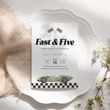 Load image into Gallery viewer, Fast and Five Race Car 5th Birthday Invitation Sage Green Editable Template 0330