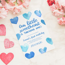 Load image into Gallery viewer, 0327 Blue Sweetheart 1st Birthday Invite, Editable Valentine's Heart Template, Digital Download