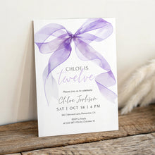 Load image into Gallery viewer, 0318 purple watercolor bow birthday invitation
