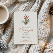 Load image into Gallery viewer, 2033 greenery and red berries Christmas Dinner Party Invite, Digital Download, Friendsmas, Editable Template