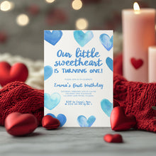 Load image into Gallery viewer, 0327 Blue Sweetheart 1st Birthday Invite, Editable Valentine's Heart Template, Digital Download