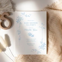 Load image into Gallery viewer, Corjl editable blue minimal tolie de jouy baby shower invitation template 2015