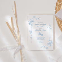 Load image into Gallery viewer, Corjl editable blue minimal tolie de jouy baby shower invitation template 2015