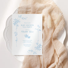 Load image into Gallery viewer, Corjl editable blue minimal tolie de jouy baby shower invitation template 2015