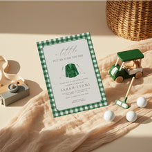 Load image into Gallery viewer, Little Putter Is On The Way Green Gingham Golf Baby Shower Invitation Editable Invite 2041
