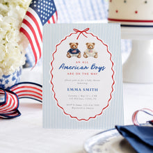 Load image into Gallery viewer, Preppy Twin Boys Teddy Bear Baby Shower Invitation - All American Twin Fourth of July Patriotic Template Corjl 2046