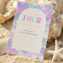 Load image into Gallery viewer, Mermaid 4th Birthday Invitation Editable Girl Pink Purple Shellabration Summer Pool Party Invite 0339