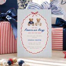 Load image into Gallery viewer, Preppy Twin Boys Teddy Bear Baby Shower Invitation - All American Twin Fourth of July Patriotic Template Corjl 2046