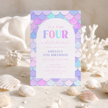 Load image into Gallery viewer, Mermaid 4th Birthday Invitation Editable Girl Pink Purple Shellabration Summer Pool Party Invite 0339