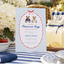 Load image into Gallery viewer, Preppy Twin Boys Teddy Bear Baby Shower Invitation - All American Twin Fourth of July Patriotic Template Corjl 2046