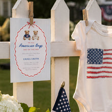 Load image into Gallery viewer, Preppy Twin Boys Teddy Bear Baby Shower Invitation - All American Twin Fourth of July Patriotic Template Corjl 2046