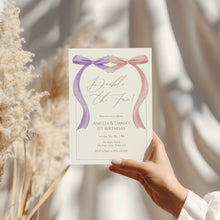 Load image into Gallery viewer, Double the Fun Pink purple bow Twins Invitation, sisters birthday, editable template, digital download 0324