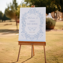 Load image into Gallery viewer, Blue Toile Baby Shower Welcome Sign Coquette bow Floral Template 2040