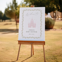 Load image into Gallery viewer, Princess baby shower welcome sign pink floral castle fairy tale coquette girl decor template 2042