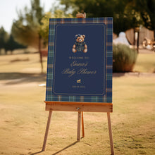 Load image into Gallery viewer, 2036 Navy Plaid Teddy Bear Girl Baby Shower Welcome Sign Template, Digital Download