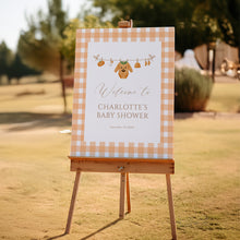 Load image into Gallery viewer, Autumn Baby Shower Welcome Sign, Editable Gingham Template, Little Pumpkin is on the Way, Digital Download 2028