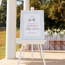 Load image into Gallery viewer, Blue gingham golf cart baby shower welcome sign 2041
