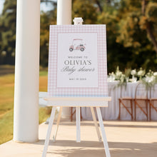 Load image into Gallery viewer, Pink gingham golf cart baby shower welcome sign 2041
