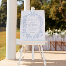 Load image into Gallery viewer, Blue Toile Baby Shower Welcome Sign Coquette bow Floral Template 2040