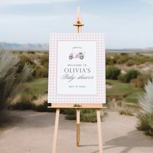 Load image into Gallery viewer, Pink gingham golf cart baby shower welcome sign 2041