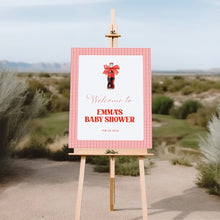 Load image into Gallery viewer, She Is Ready to Pop Baby Shower Welcome Sign Red Gingham Bow 2039