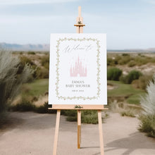 Load image into Gallery viewer, Princess baby shower welcome sign pink floral castle fairy tale coquette girl decor template 2042