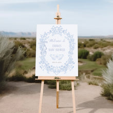 Load image into Gallery viewer, Blue Toile Baby Shower Welcome Sign Coquette bow Floral Template 2040