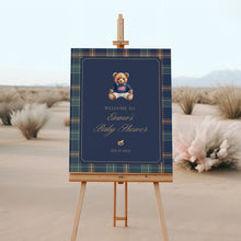 Load image into Gallery viewer, 2036 Navy Plaid Teddy Bear Boy Baby Shower Welcome Sign Template, Digital Download
