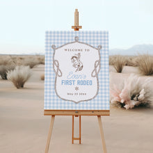 Load image into Gallery viewer, First Rodeo Welcome Sign Boy Cowboy Birthday Blue Gingham Western Party Sign Editable Template 0336