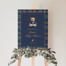 Load image into Gallery viewer, 2036 Navy Plaid Teddy Bear Boy Baby Shower Welcome Sign Template, Digital Download