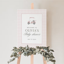 Load image into Gallery viewer, Pink gingham golf cart baby shower welcome sign 2041