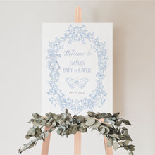Load image into Gallery viewer, Blue Toile Baby Shower Welcome Sign Coquette bow Floral Template 2040